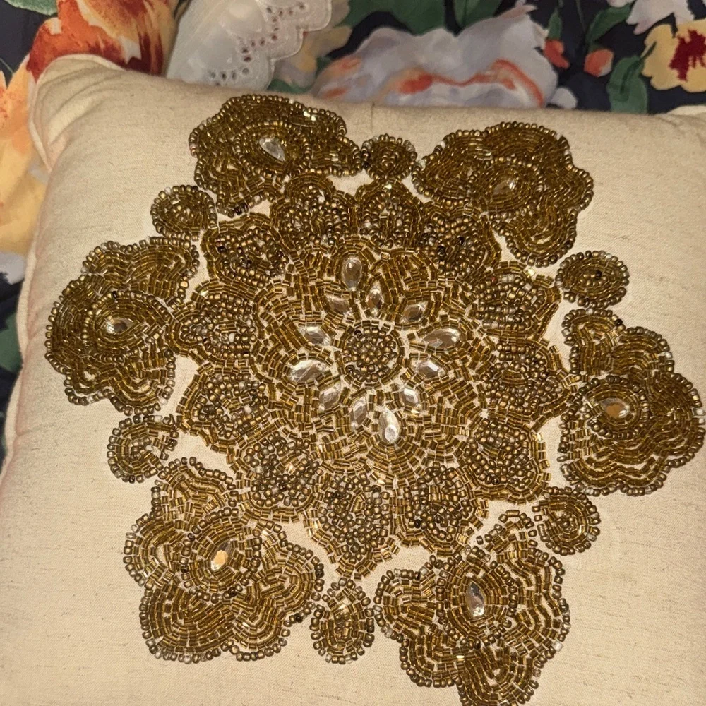 Beaded Gold Medallion Decorative Throw Pillow - Cream